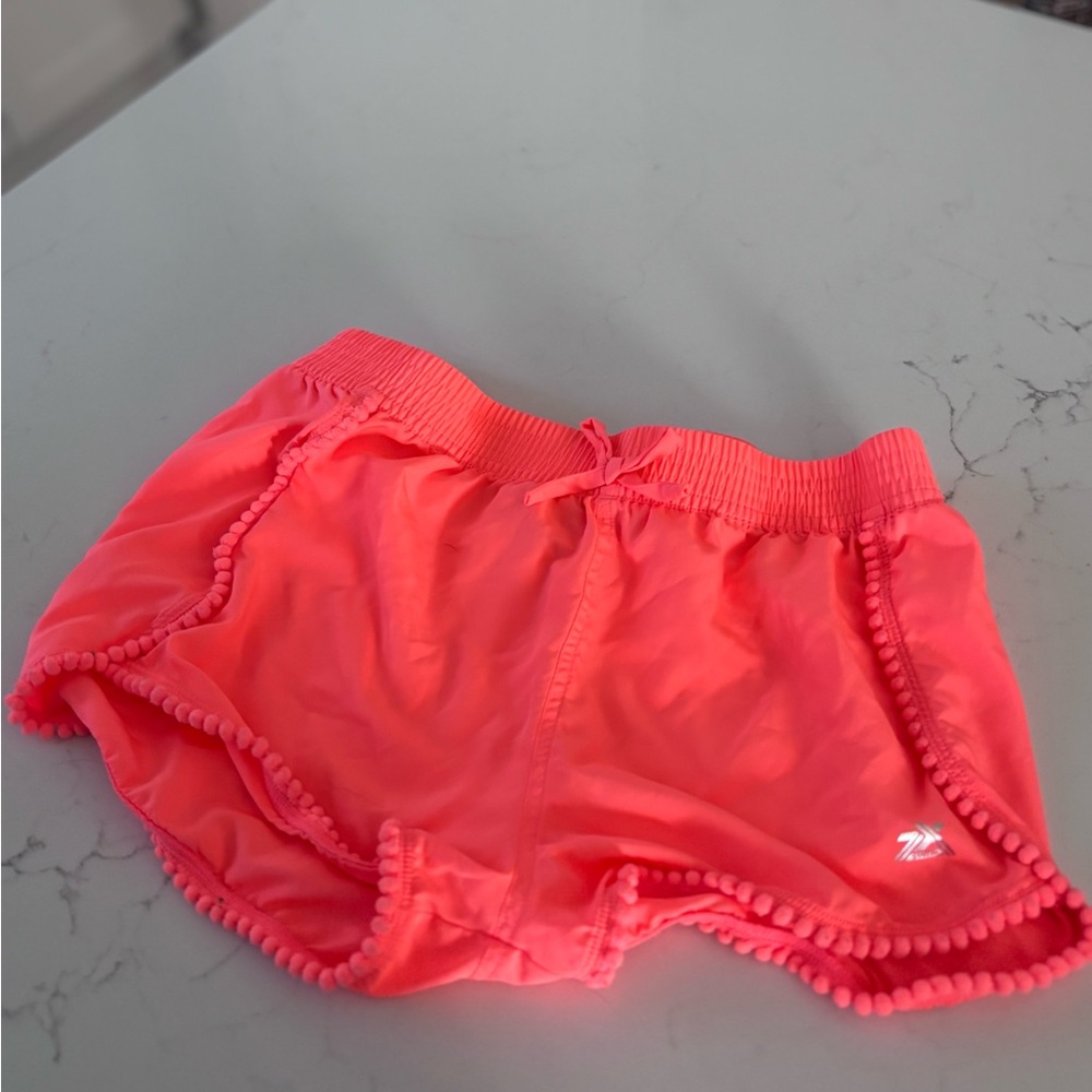 Girls Neon Orange Pom-Pom Trim Swim Shorts